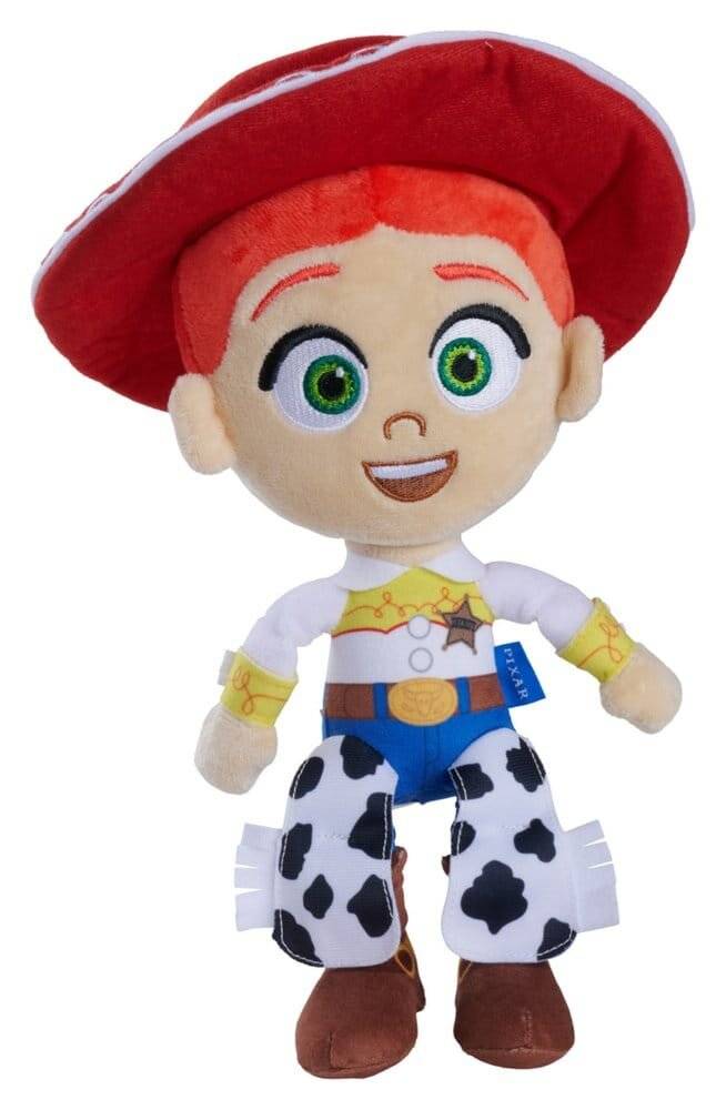 Plüschtier von Jessie aus Toy Story, trägt einen roten Hut, weißes Hemd, blaue Jeans und Chaps mit Kuhfleckenmuster, vor einem einfachen Hintergrund