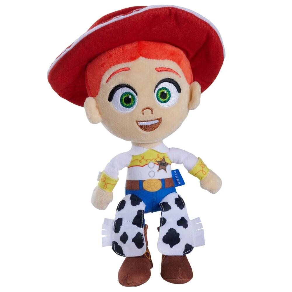 Plüschtier von Woody aus Toy Story, das einen roten Hut, ein Cowboy-Outfit und Stiefel trägt, vor einem weißen Hintergrund gezeigt.