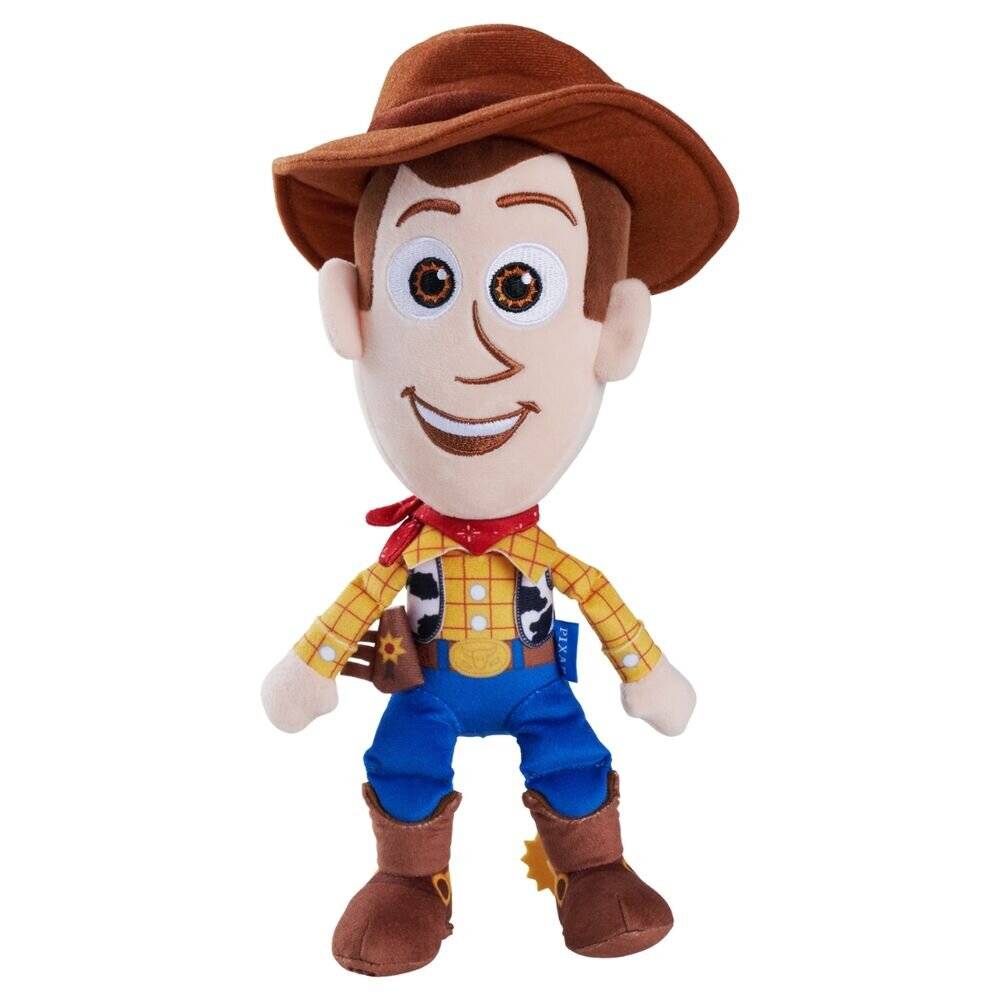Eine kuschelige Woody-Cowboy-Puppe aus Toy Story, die einen braunen Hut, ein gelbes Karogitter, ein rotes Halstuch, blaue Hosen und Stiefel auf weißem Hintergrund trägt.