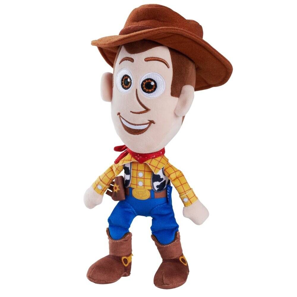 Eine Woody-Spielzeugpuppe aus Toy Story, die einen braunen Cowboyhut, ein rotes Halstuch, ein gelbes Karohemd, blaue Jeans und Stiefel trägt.