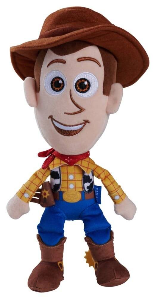 Ein Woody Plüschtier aus Toy Story, das einen braunen Hut, ein gelbes Karohemd, blaue Jeans und Cowboystiefel trägt.