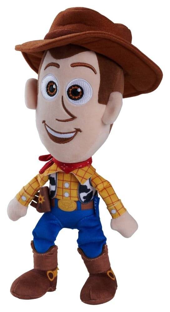 Woody Plüschtier aus Toy Story, das einen braunen Cowboy-Hut, ein gelbes kariertes Hemd, blaue Jeans und Stiefel auf weißem Hintergrund trägt.