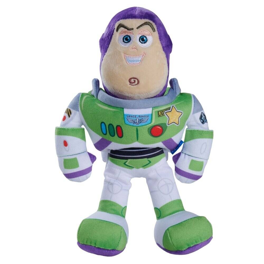 Buzz Lightyear Plüschtier, frontal stehend auf weißem Hintergrund.