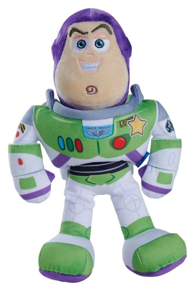 Buzz Lightyear Plüschspielzeug, aufrecht auf weißem Hintergrund stehend, gekleidet in seinen grünen, weißen und violetten Raumanzug.