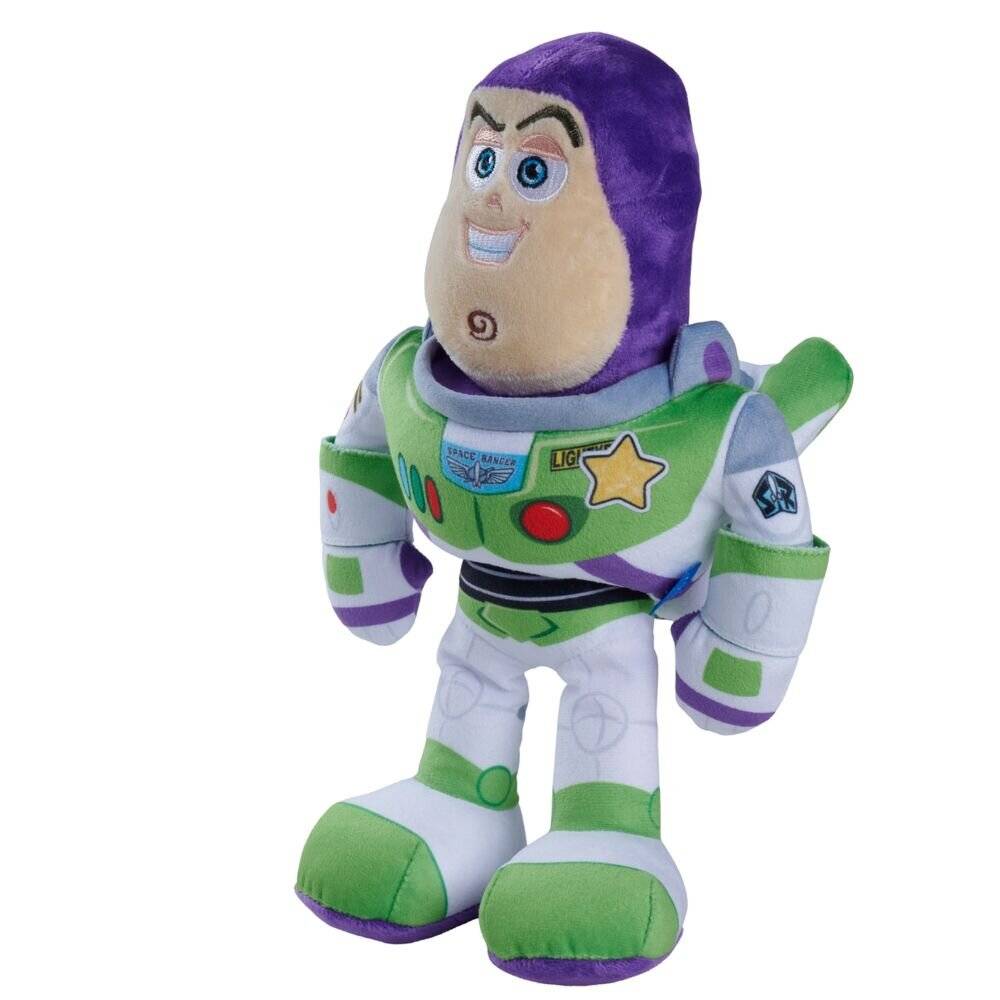 Plüsch-Buzz-Lightyear-Spielzeug aufrecht stehend, trägt einen weiß-grün-violetten Raumanzug mit einem lächelndem Gesicht.