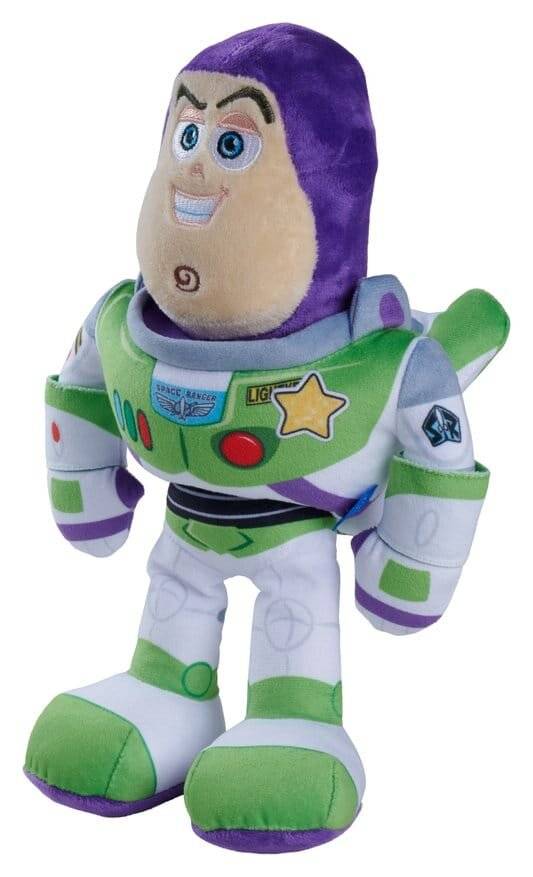 Buzz Lightyear Plüschtier in einem grün-weißen Raumanzug mit lila Kapuze, stehend vor einem einfachen weißen Hintergrund.