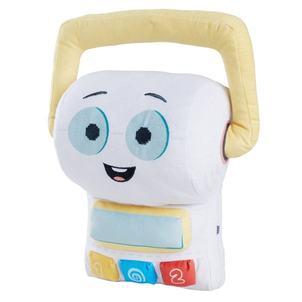 Weiches Plüschspielzeug-Kissen mit lachendem Gesicht, großen blauen Augen und gelbem Griff oben, vor einfachem Hintergrund gezeigt.