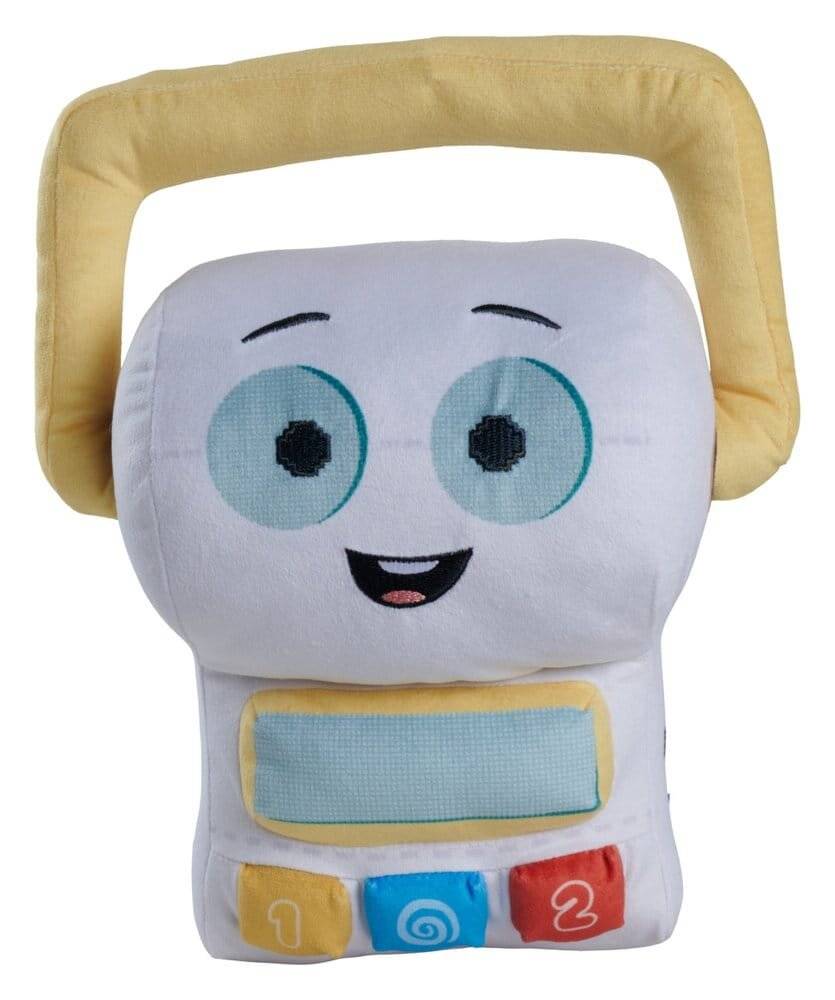 Ein Plüschspielzeug in Form eines lächelnden Roboter-Fernsehers mit gelbem Griff, großen blauen Augen und bunten Tastenfeldern.