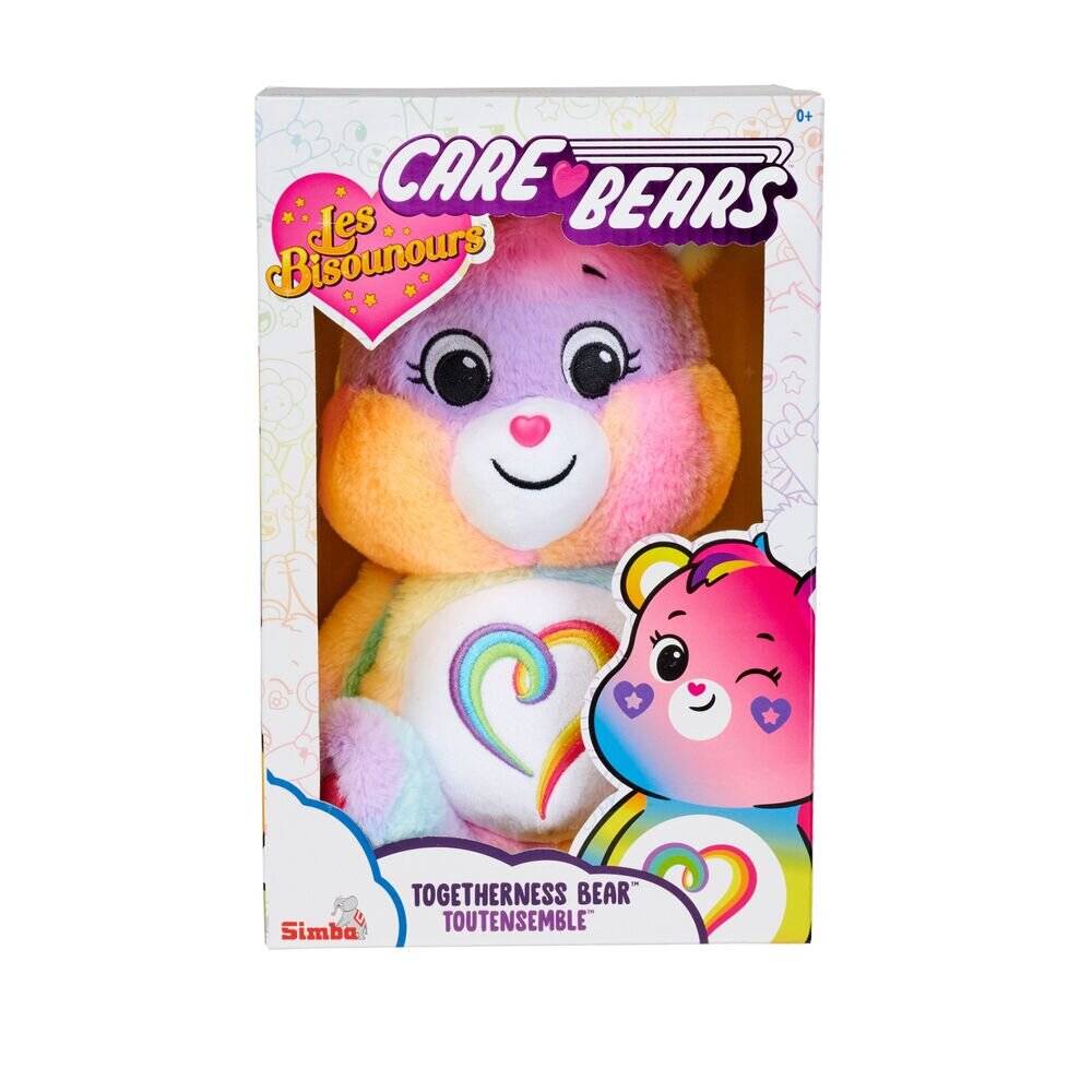 Verpackter Care Bears Plüschtier 'Togetherness Bear' mit Regenbogenherz und 'Les Bisounours'-Branding