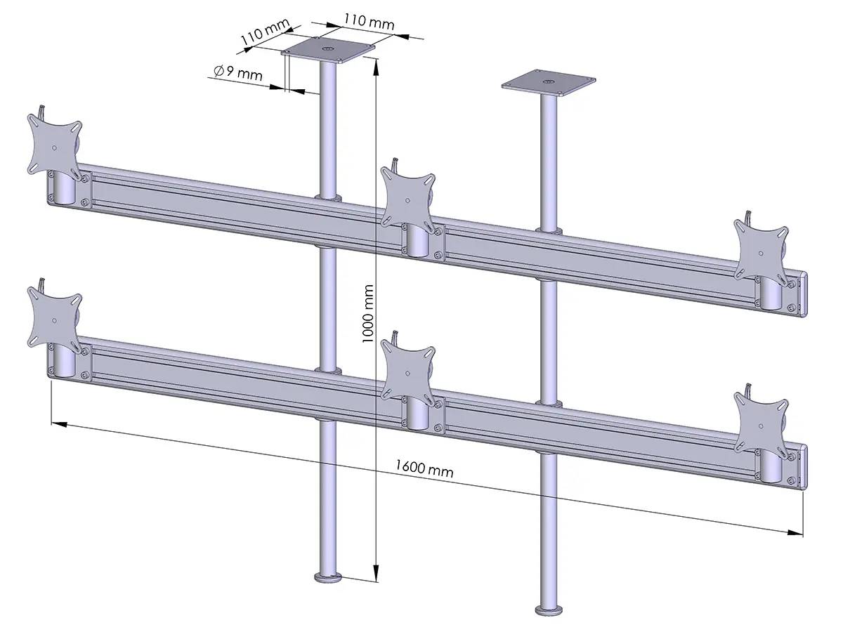 Technisches Diagramm einer Dual-Monitor-Halterung mit zwei horizontalen Schienen auf zwei Pfosten, die Abmessungen von 1600 mm Breite, 1000 mm Höhe, 110 mm Plattengröße und 9 mm Stangendurchmesser zeigen.