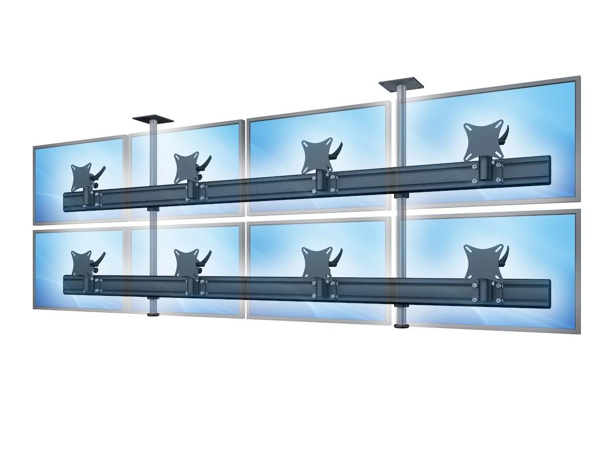 Wandmontierter Dual-Row-Multi-Monitor-Arm, der acht Flachbildschirme in einem Gitter hält