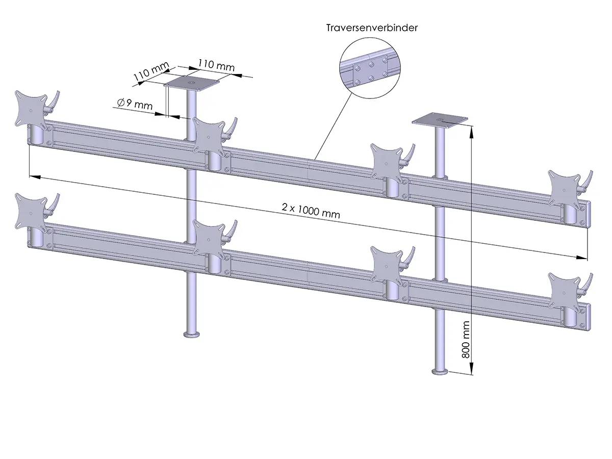 Diagramm einer doppelten horizontalen Schienenstütze mit Verbindern und Pfosten, das Abmessungen von 2 x 1000 mm, 800 mm Höhe, 110 mm Oberplatte und Ø 9 mm Bohrungen zeigt.