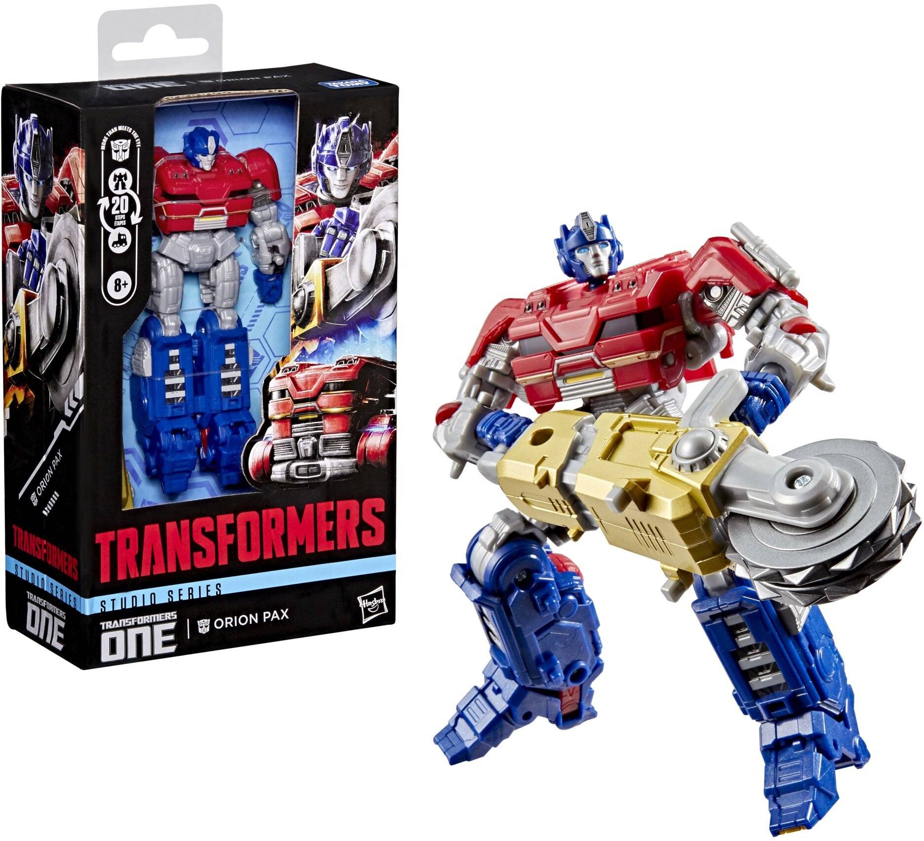 Transformers Studio Series Orion Pax Action-Figur neben einer in Pose gesetzten rot, blau und silber gefärbten Roboter mit Waffenarm in einer Box gezeigt.