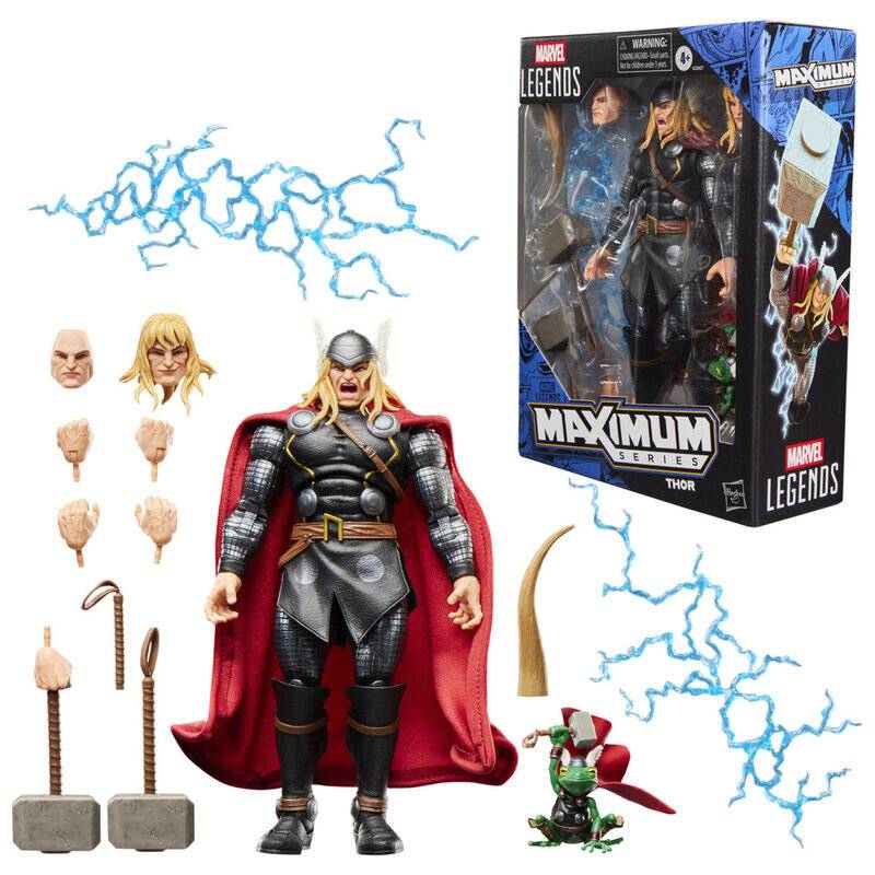 Marvel Legends Maximum Serie Thor Actionfigur mit austauschbaren Köpfen, Händen, Hammer, Blitzeffekten und kleiner Begleiterfigur in Verpackung.