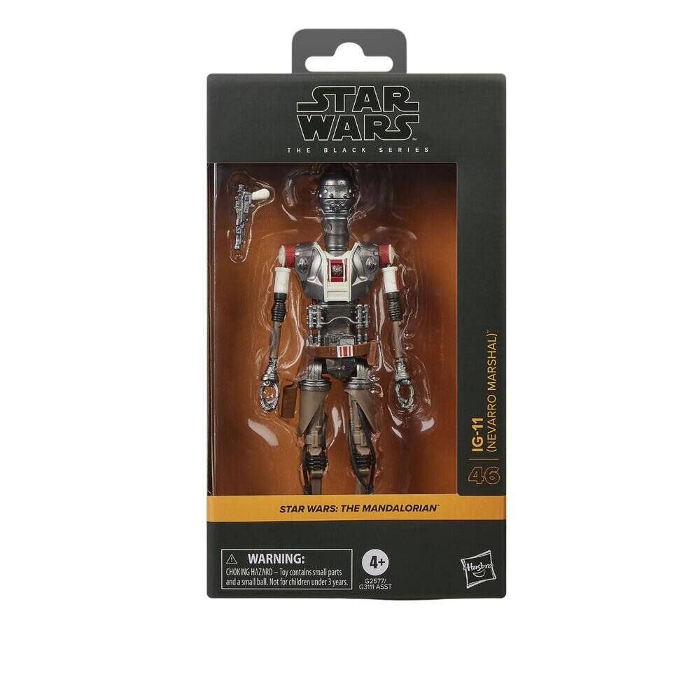 Star Wars: The Black Series Actionfigur von IG-11 (Nevarro Marshal) in Einzelhandelsverpackung mit Alterwarnung ab 4 Jahren.