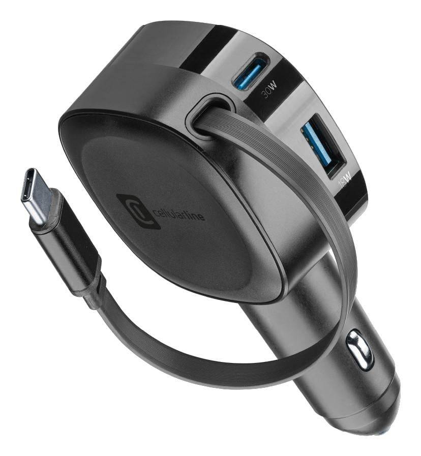Einziehbares Autoladegarät mit USB-C und zwei USB-A-Anschlüssen sowie angebautem USB-C-Kabel mit 30-W-Markierung.