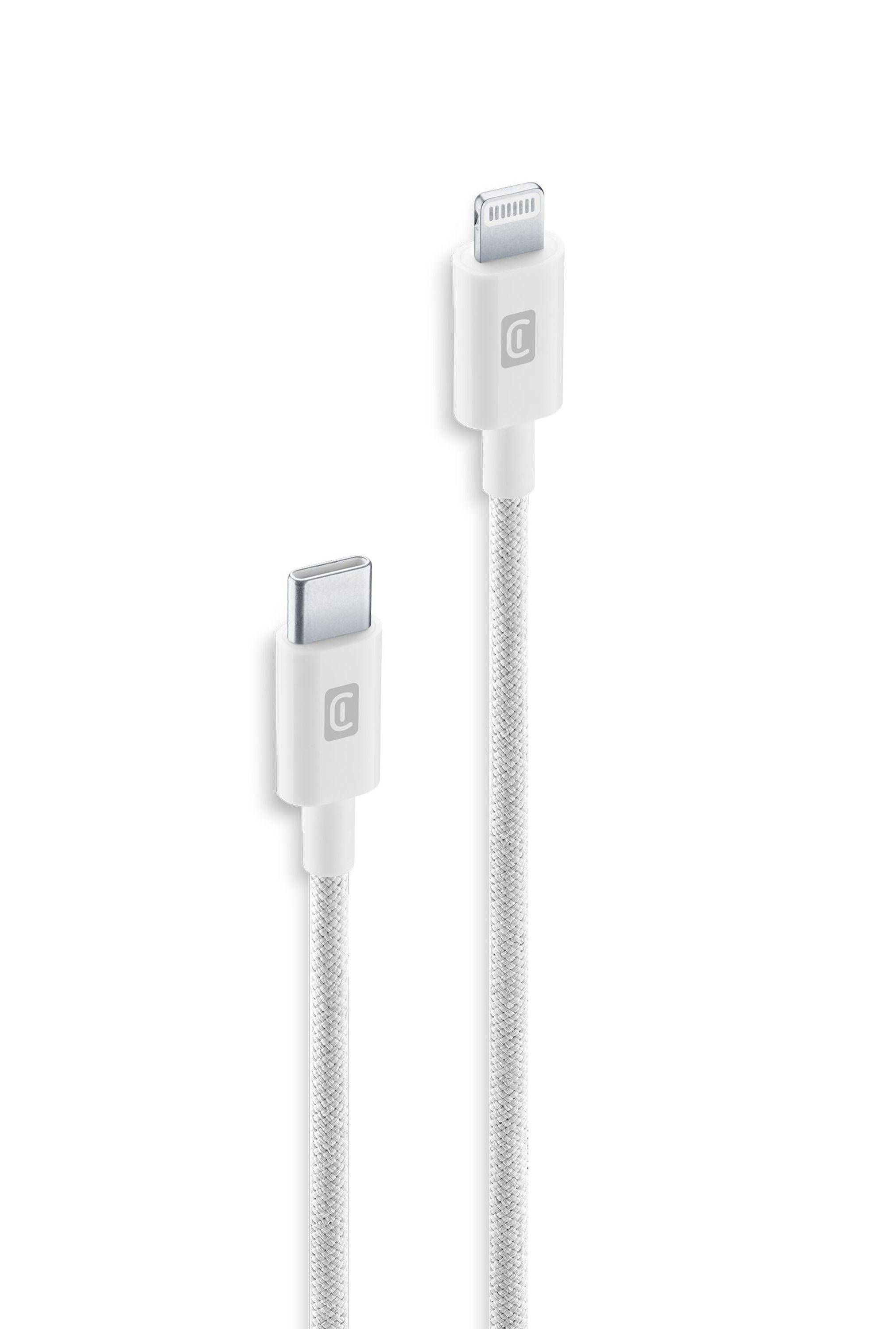 Weißes geflochtenes Ladekabel mit USB-C-Anschluss an einem Ende und Lightning-Anschluss am anderen Ende, gezeigt auf einfarbig weißem Hintergrund.
