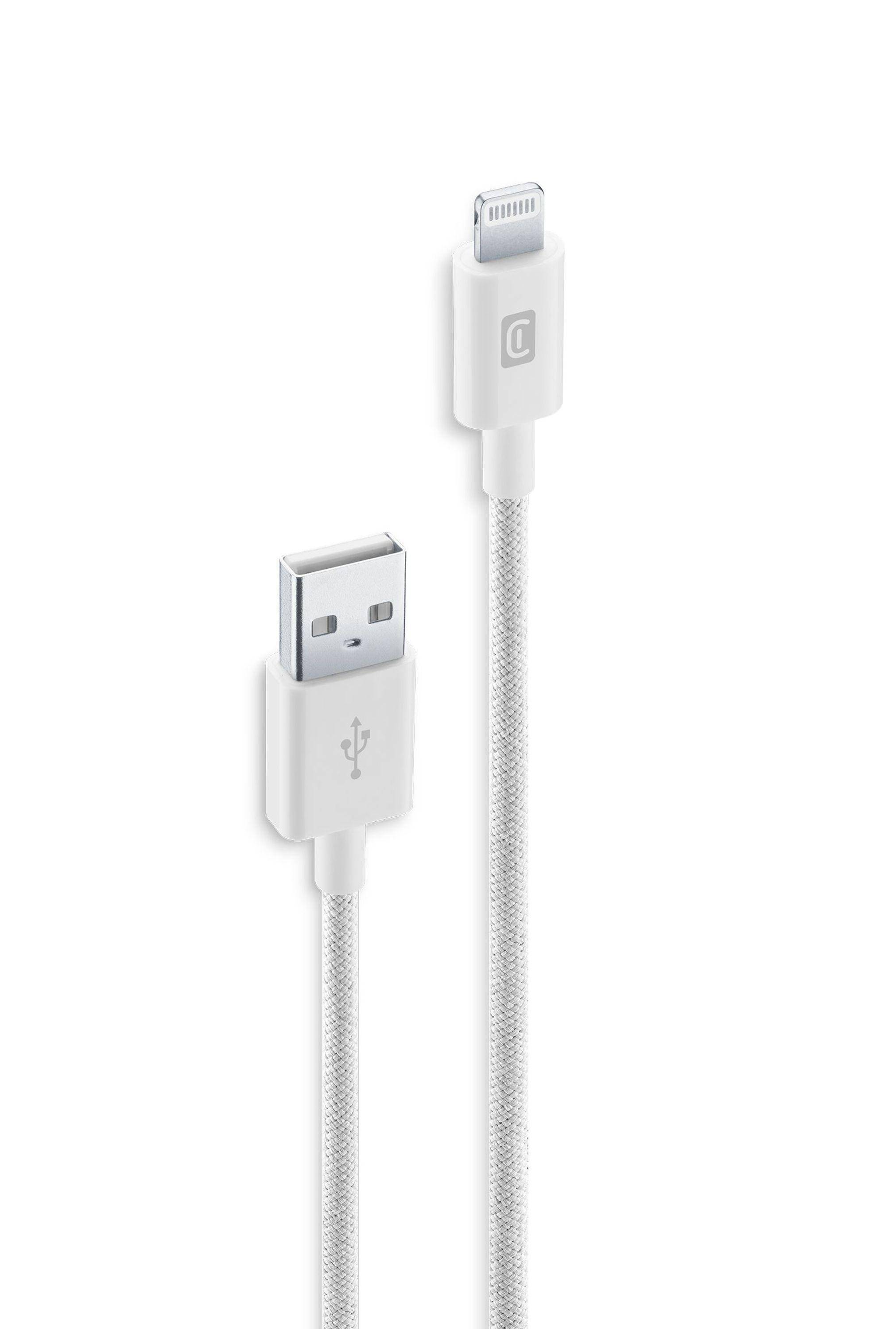 Weißes geflochtenes Ladekabel mit USB-A-Stecker an einem Ende und Lightning-Anschluss am anderen Ende, gezeigt auf weißem Hintergrund.