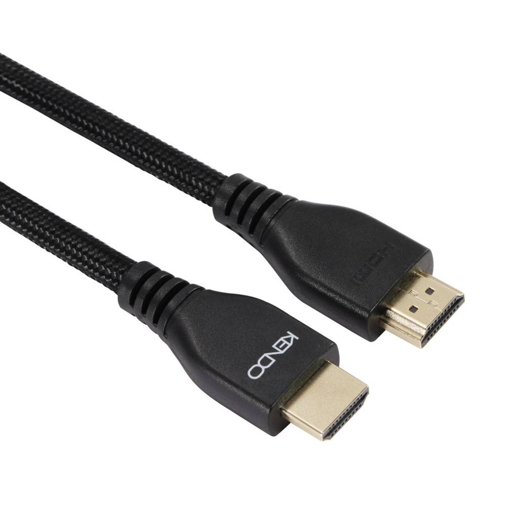 Schwarzes HDMI-Kabel mit geflochtener Ummantelung, das zwei HDMI-Stecker auf weißem Hintergrund zeigt.