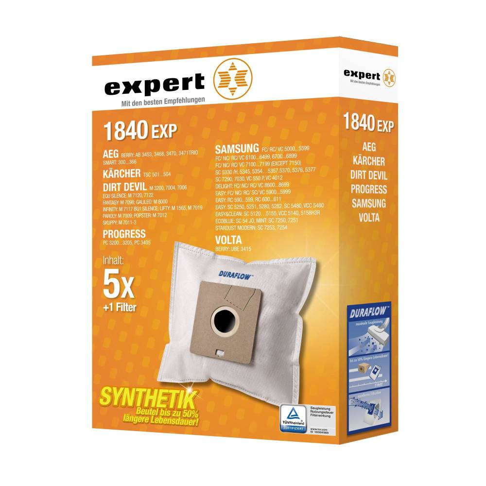 Orange Expert 1840 EXP Staubsaugerbeutel-Packung mit 5 synthetischen Beuteln plus 1 Filter, mit Markkompatibilitätslisten und Beutelabbildung auf der Vorderseite.