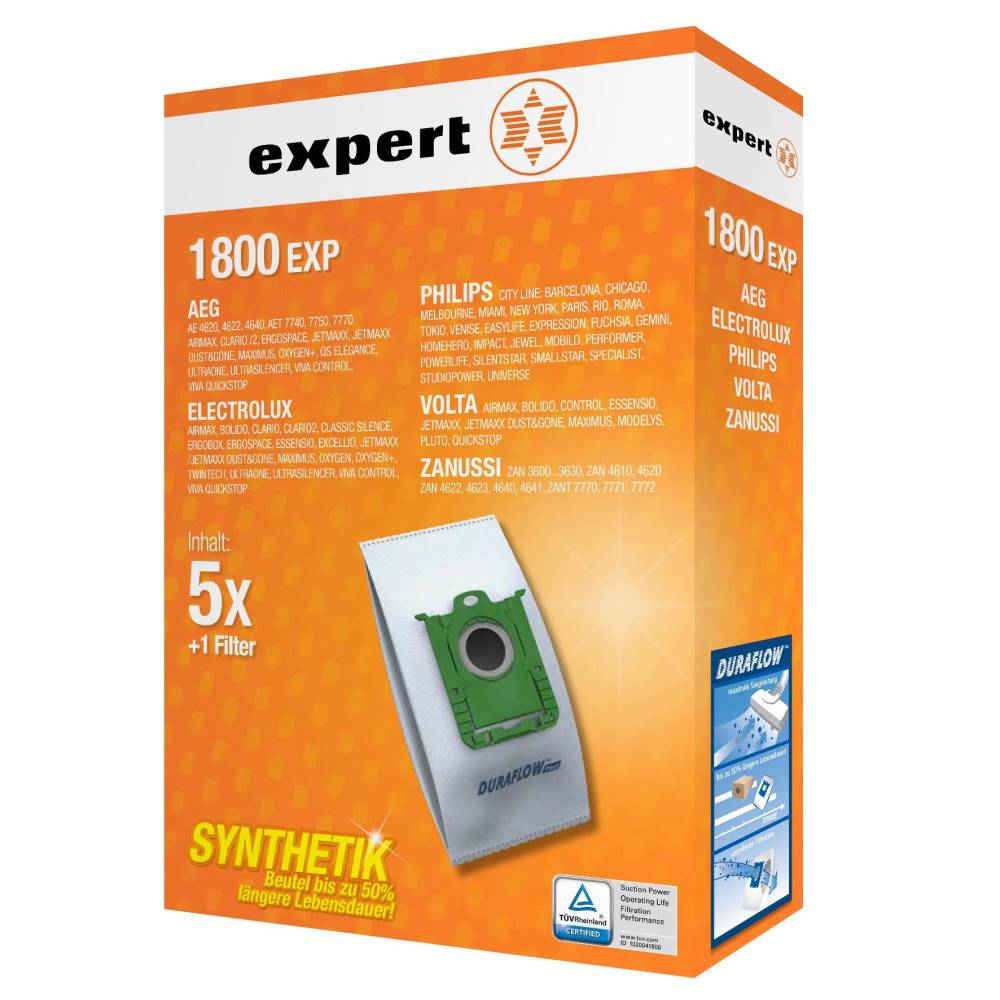 Orange Expert 1800 EXP Staubsaugerbeutel-Paket mit 5 synthetischen Beuteln plus 1 Filter und Kompatibilität mit AEG, Electrolux, Philips, Volta und Zanussi.