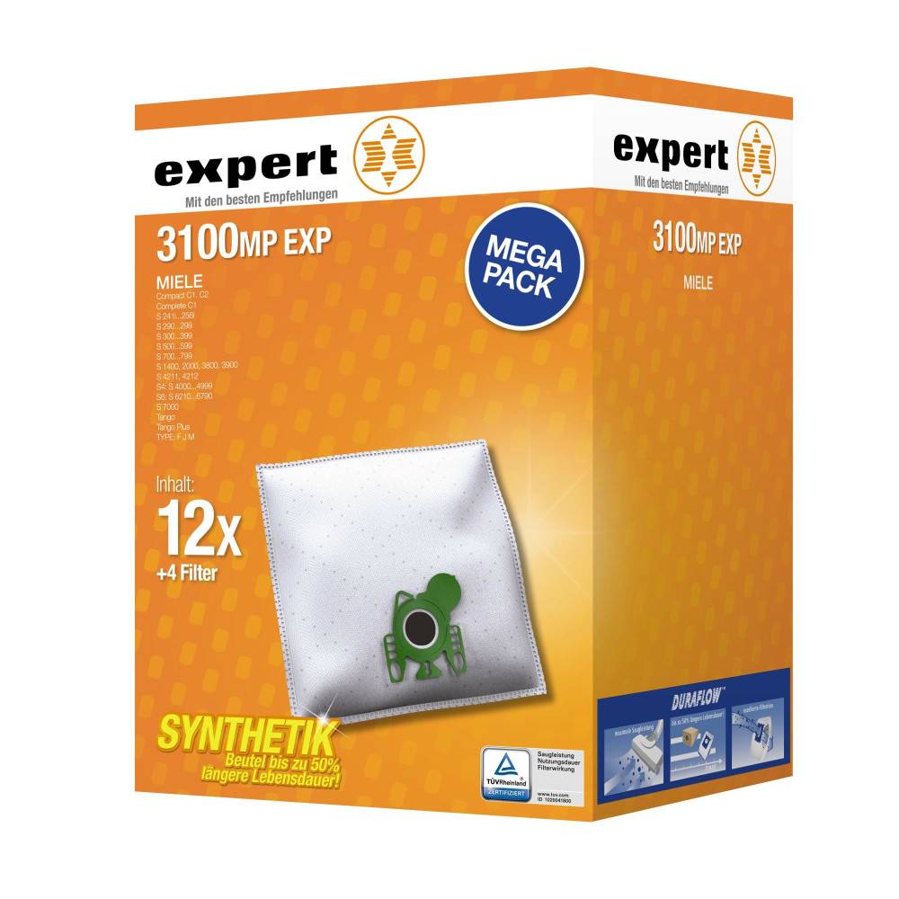 Orange Expert 3100MP EXP Mega Pack Schachtel für Miele Staubsaugerbeutel, gekennzeichnet mit 12x plus 4 Filter und synthetisch, mit Produktabbildung auf der Vorderseite.