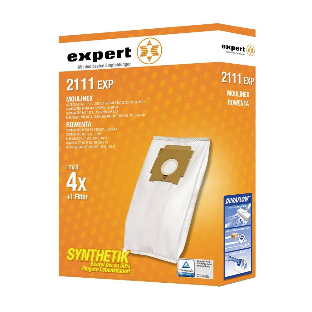 Orange Einzelhandelsbox für Expert 2111 EXP Staubsaugerbeutel mit einem weißen Beutel auf der Abbildung, kompatibel mit Moulinex und Rowenta, 4er-Pack plus 1 Filter.