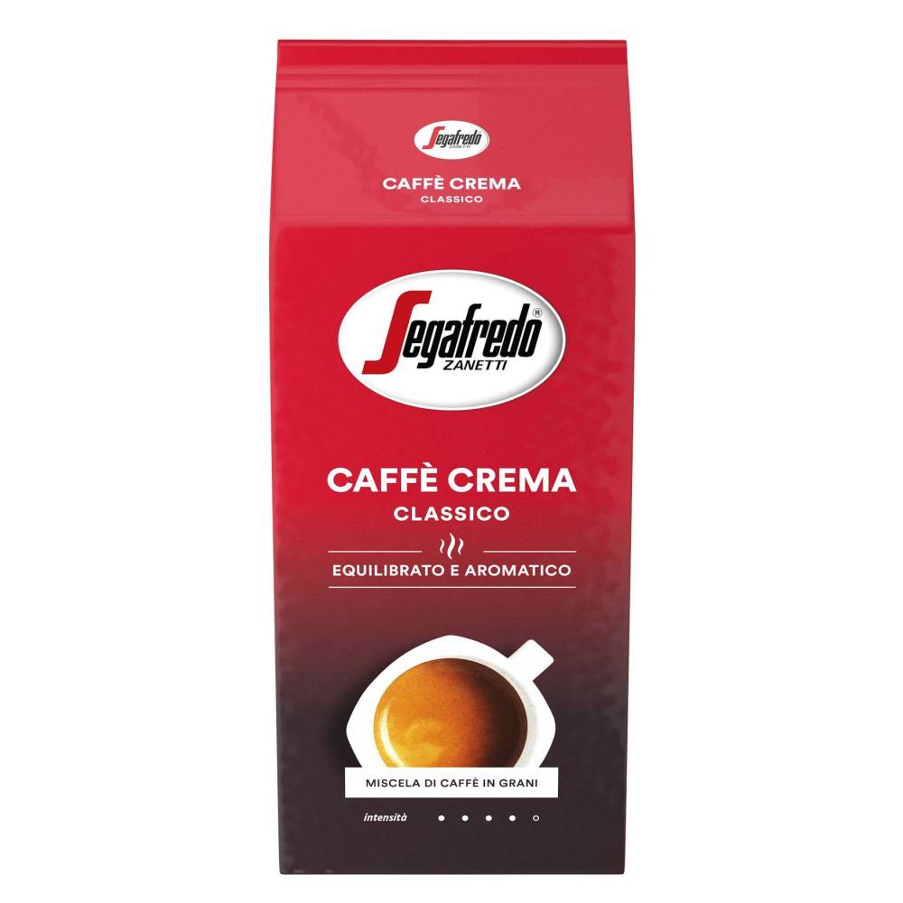 Rote Segafredo Zanetti Caffè Crema Classico Kaffeeverpackung mit Kaffeetassenbild und „Equilibrato e aromatico