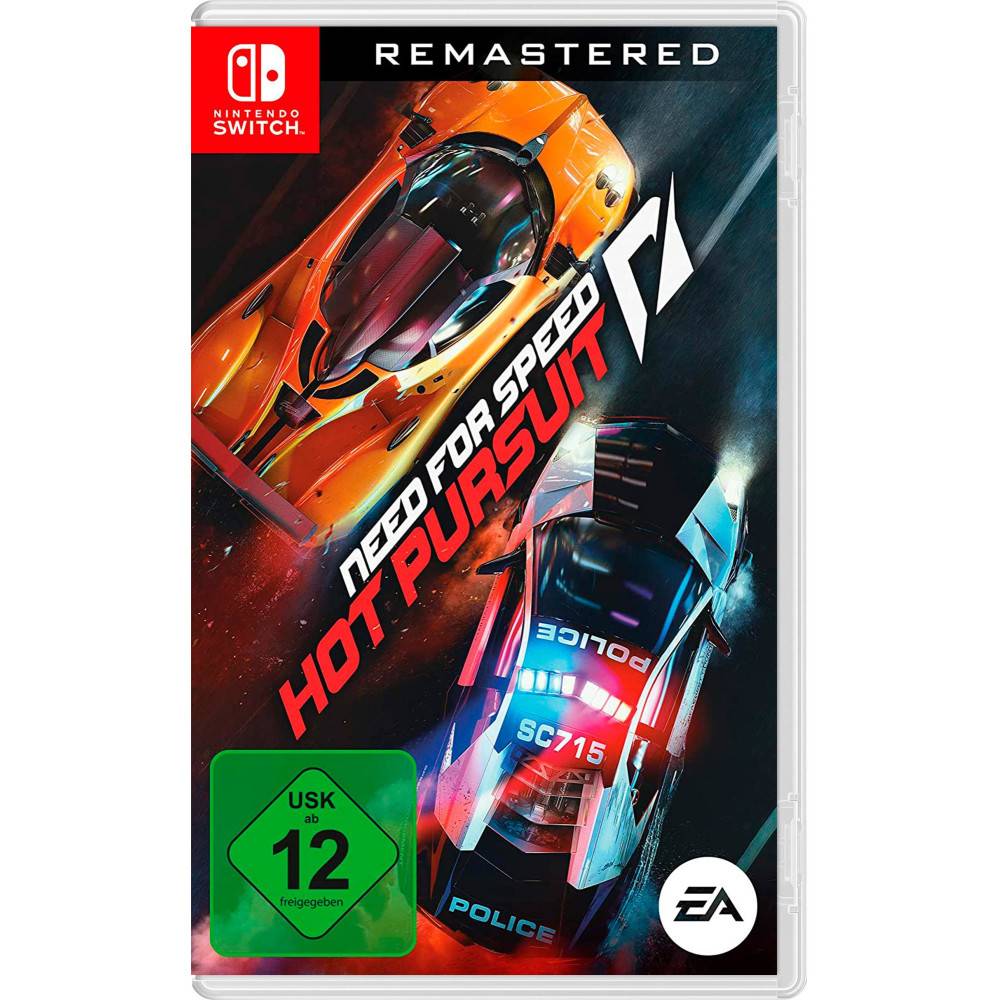 Nintendo Switch Spielcover für Need for Speed Hot Pursuit Remastered, das eine Verfolgungsjagd zwischen einem orangefarbenen Sportwagen und einem Polizeiauto zeigt.
