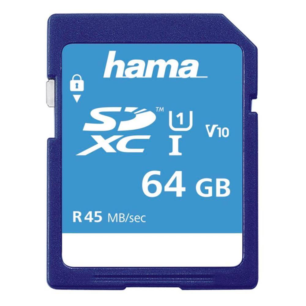 Blaue Hama SDXC-Speicherkarte mit einer Bezeichnung von 64 GB, U1, V10 und R45 MB/sec.