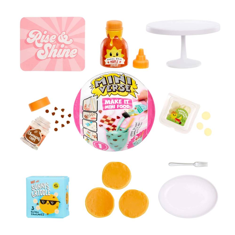 Mini Verse 'Make It Mini Food' Set mit Frühstücksartikeln: Sirupflasche, Pfannkuchen, Teller, Gabel, Schokoladenchips, Butter und „Rise & Shine