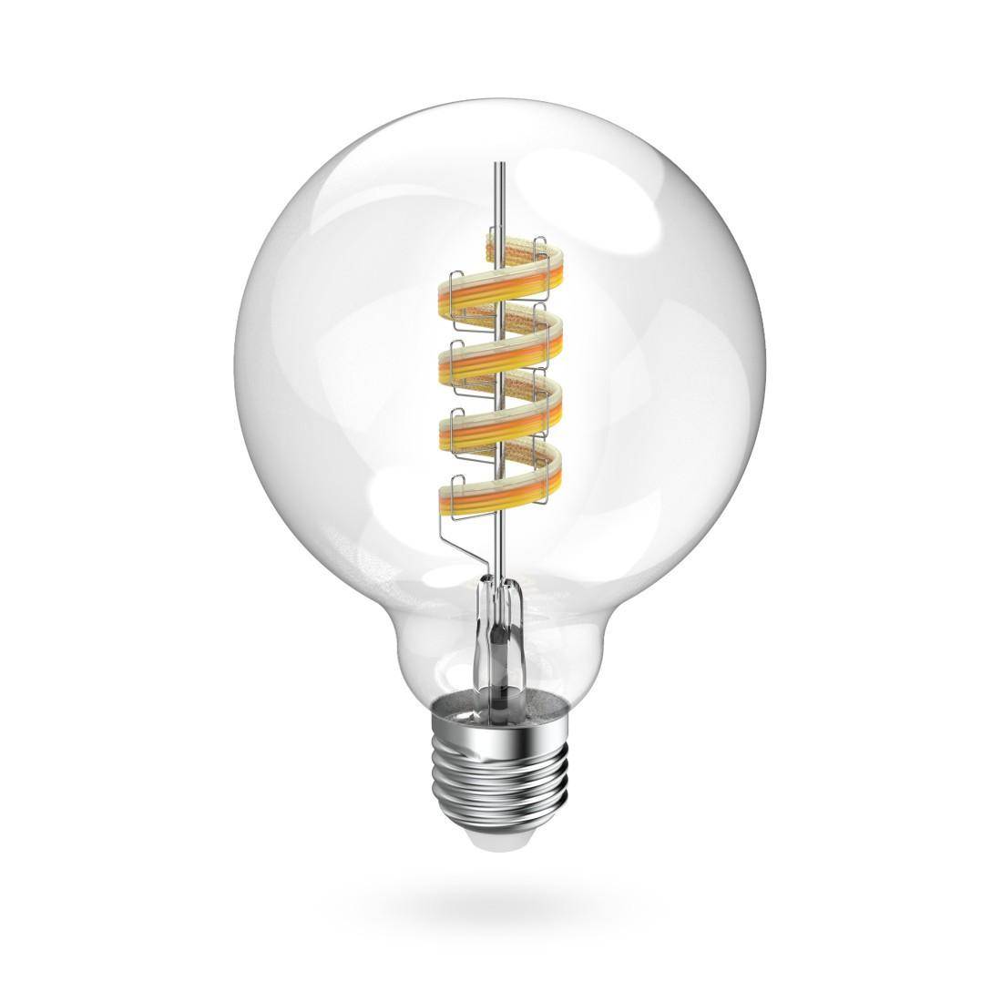 Eine klare LED-Glühbirne mit sichtbarem spiralförmigem Glühfaden auf weißem Hintergrund.