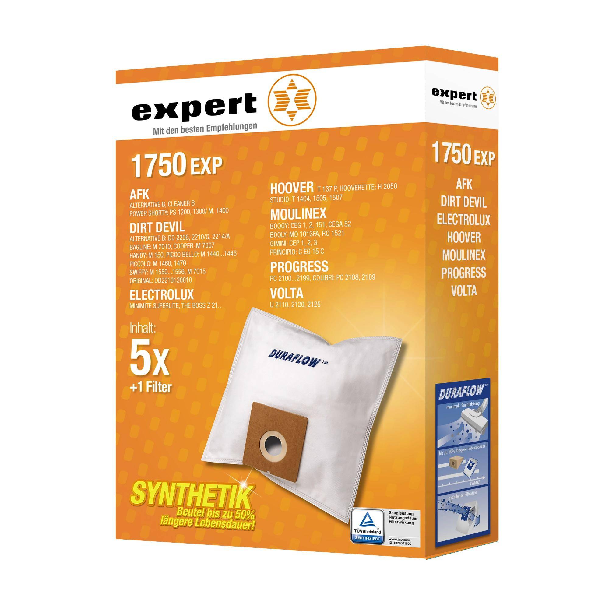 Expert 1750 EXP synthetische Staubsaugerbeutel Box, 5er-Pack plus 1 Filter, kompatibel mit AEG, Dirt Devil, Electrolux, Hoover, Moulinex, Progress und Volta.