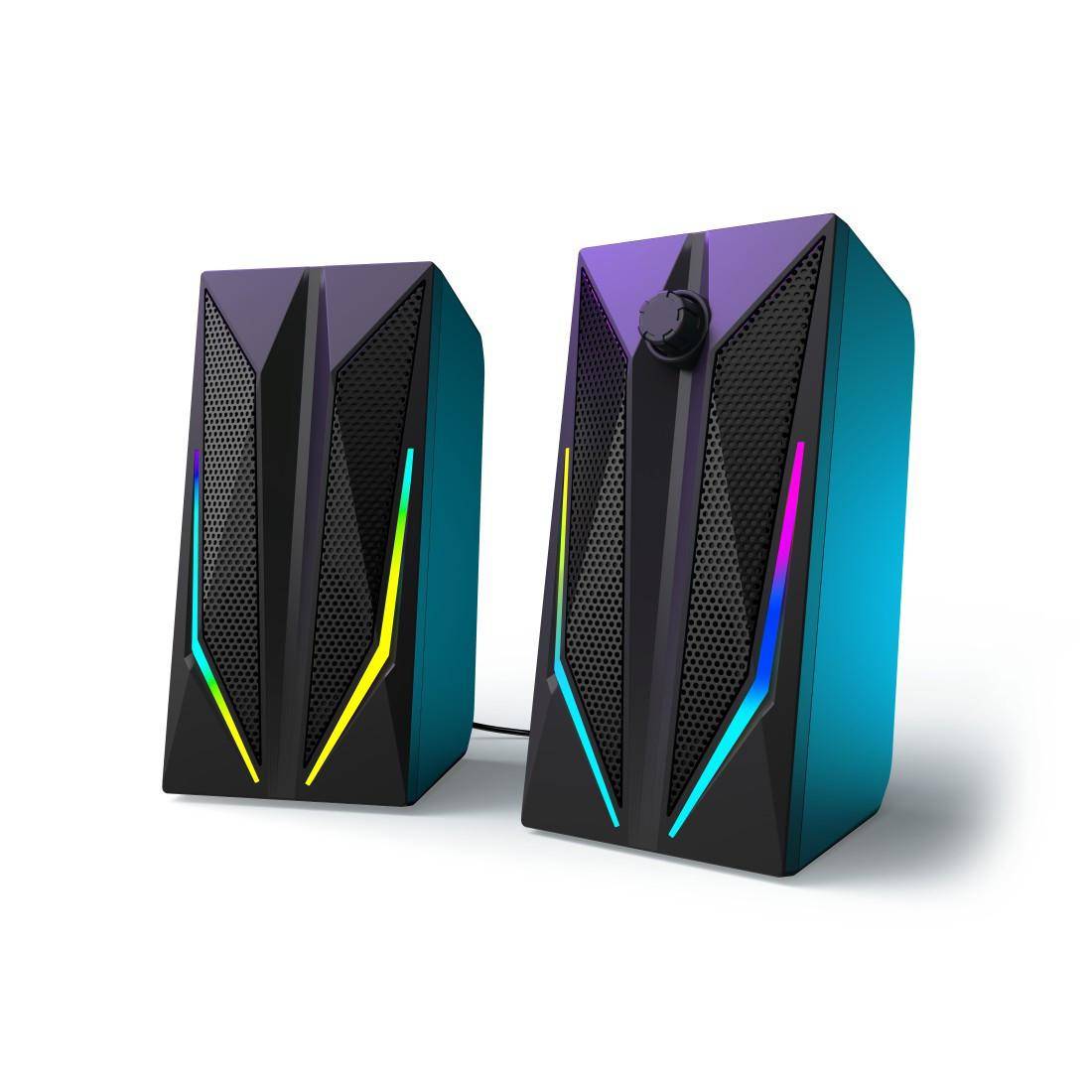 Zwei futuristische schwarze und violette Desktop-Lautsprecher mit farbenfrohen LED-Akzenten, einer mit Lautstärkeregler, verbunden durch ein Kabel auf weißem Hintergrund.