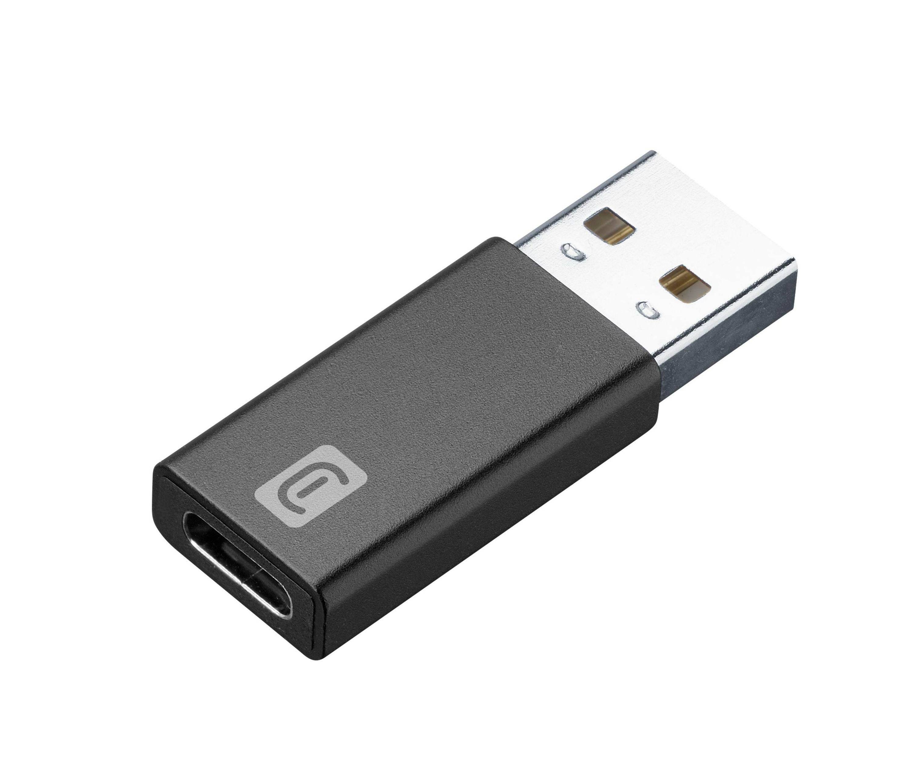 Schwarzer USB-A-auf-USB-C-Adapter auf weißem Hintergrund, mit USB-A-Stecker und USB-C-Buchse.