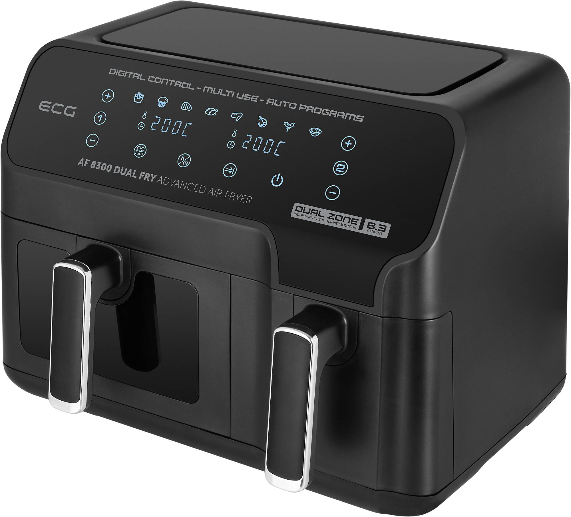 Schwarze Doppelkorb-Heißluftfritteuse mit digitalen Touch-Bedienelementen und zwei vorderen Griffen, gekennzeichnet mit „AF 8300 Dual Fry Advanced Air Fryer