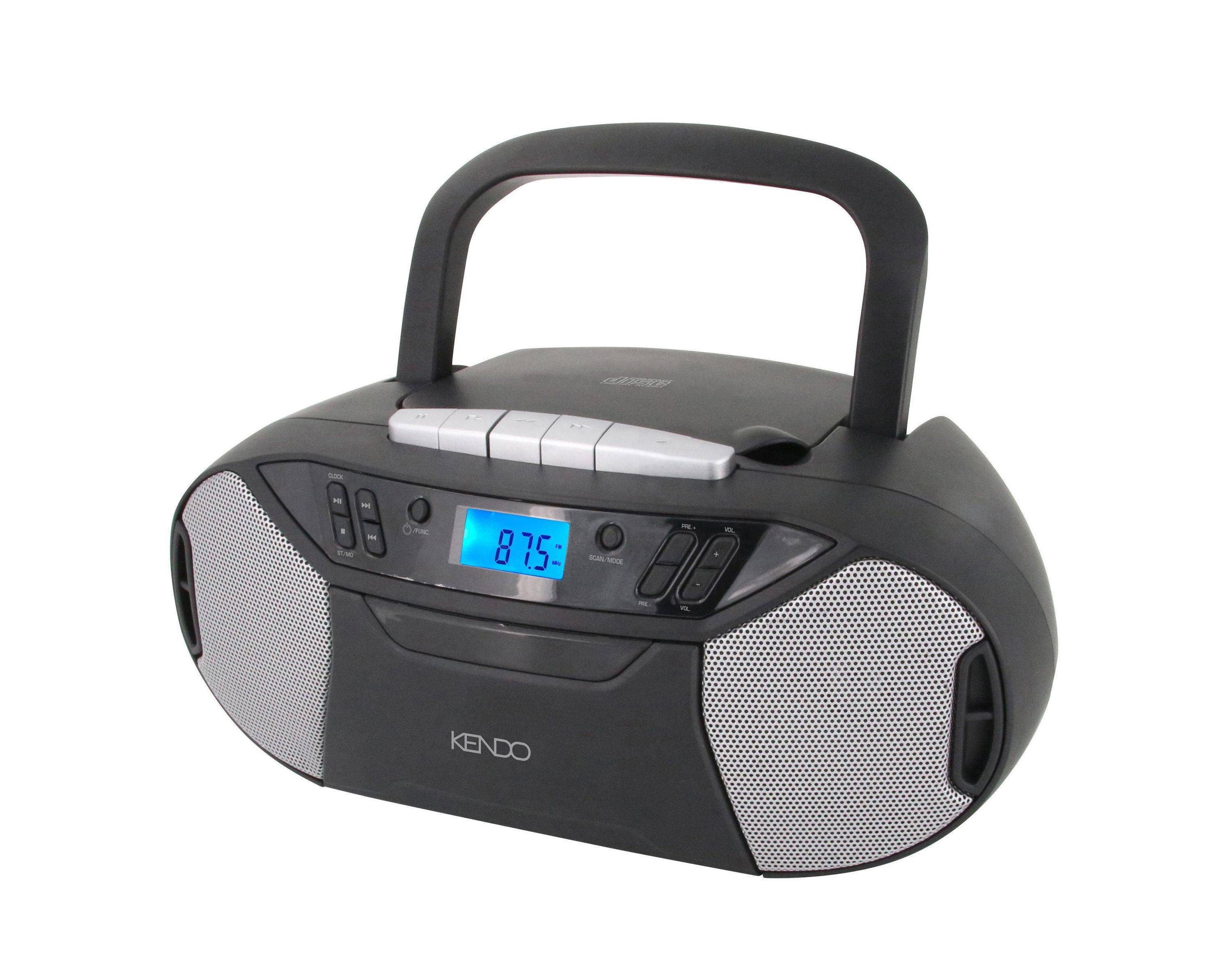 Tragbarer schwarzer Boombox-Radio mit Griff, blauem digitalen Display, das 87,5 anzeigt, zentrale Bedienungstasten und duale Lautsprecher auf weißem Hintergrund