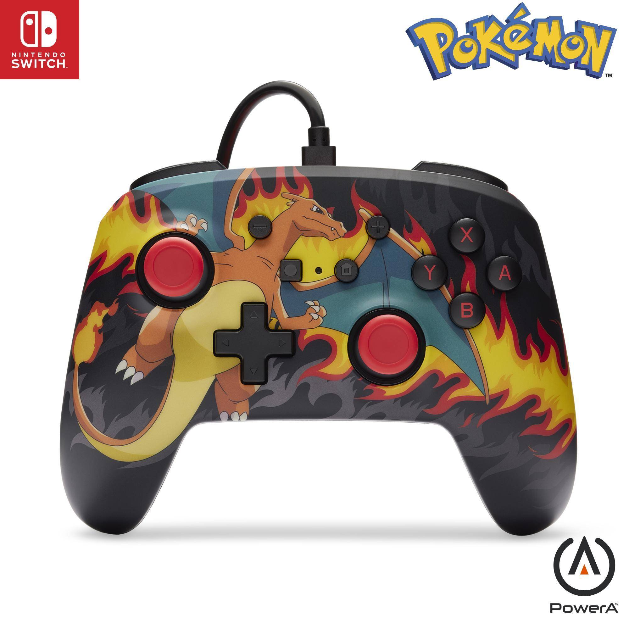 Pokémon-inspirierter Nintendo Switch-Controller mit Charizard-Artwork, roten Tasten und Analogstöcken auf einem schwarzen Gamepad.