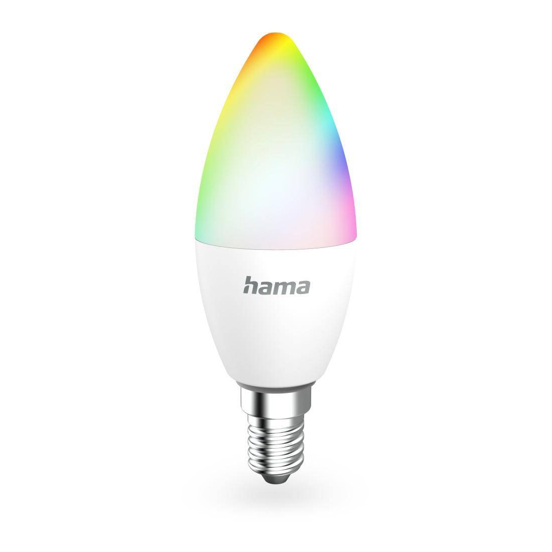Weiße Hama-LED-Lampe mit einem regenbogenfarbigen oberen Teil, isoliert vor einem einfachen Hintergrund dargestellt.