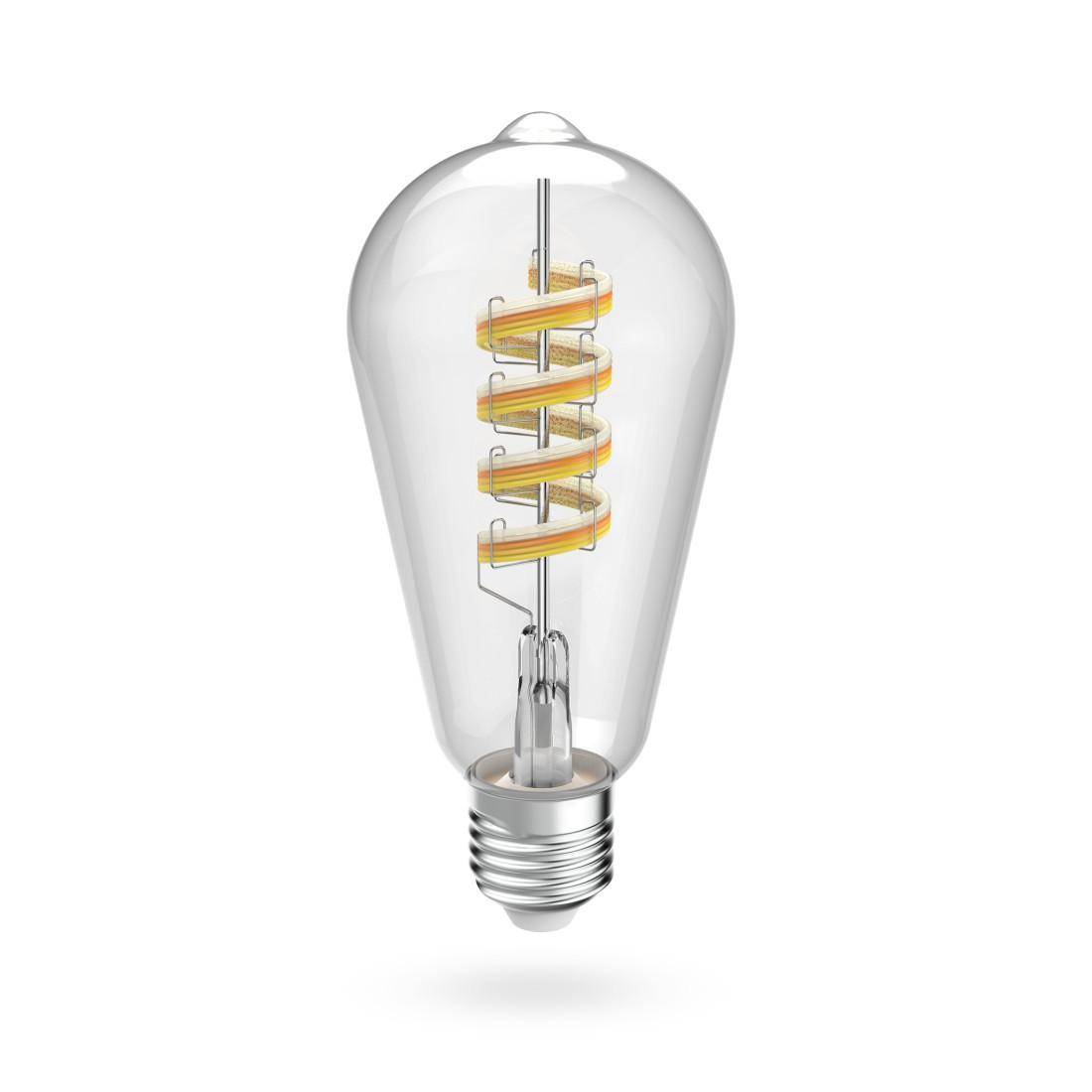Eine klare LED-Glühbirne im Glühbirnenstil mit sichtbarem Spiralfilament auf weißem Hintergrund.