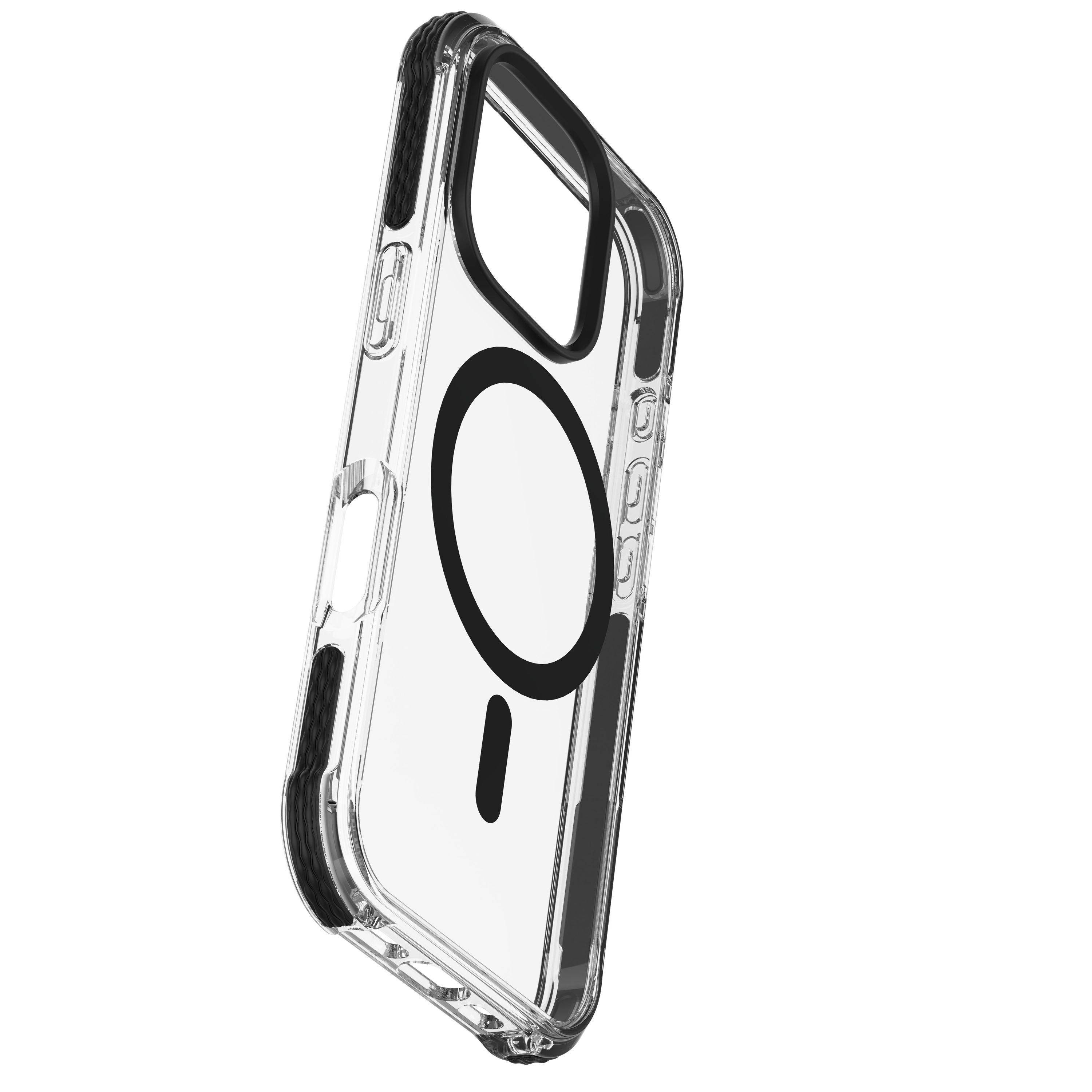 Transparente Smartphone-Schutzhülle mit integriertem MagSafe-Ring, in schräger Ansicht auf weißem Hintergrund dargestellt.