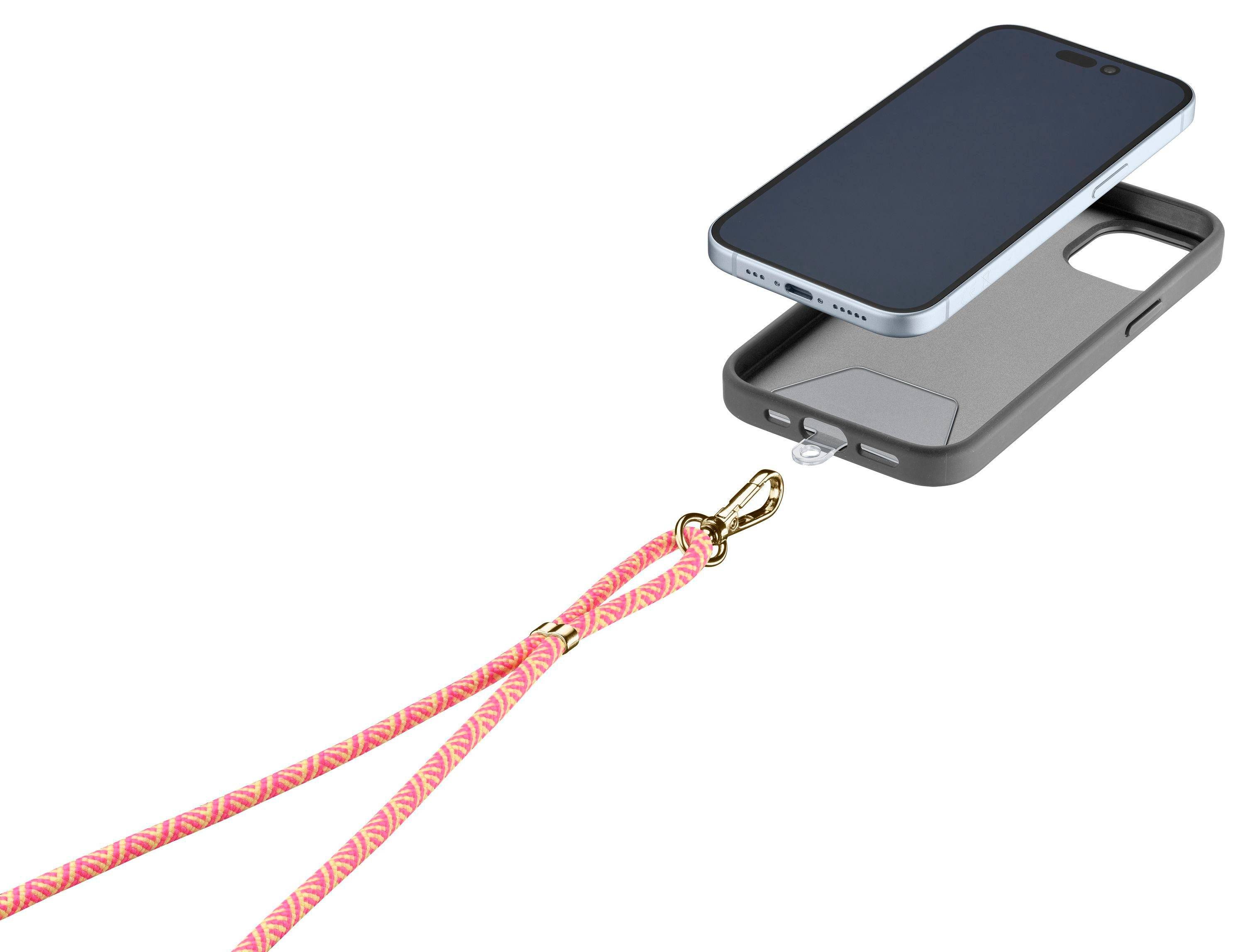 Handyhülle mit einem abnehmbaren Handgelenk-Lanyard-Clip, der an einem Smartphone auf weißem Hintergrund befestigt ist.