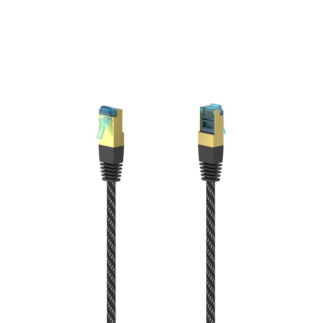 Zwei nebeneinander dargestellte Ethernet-Kabelstecker mit blauen Kunststoffclips und schwarzen geflochtenen Kabelenden auf weißem Hintergrund.