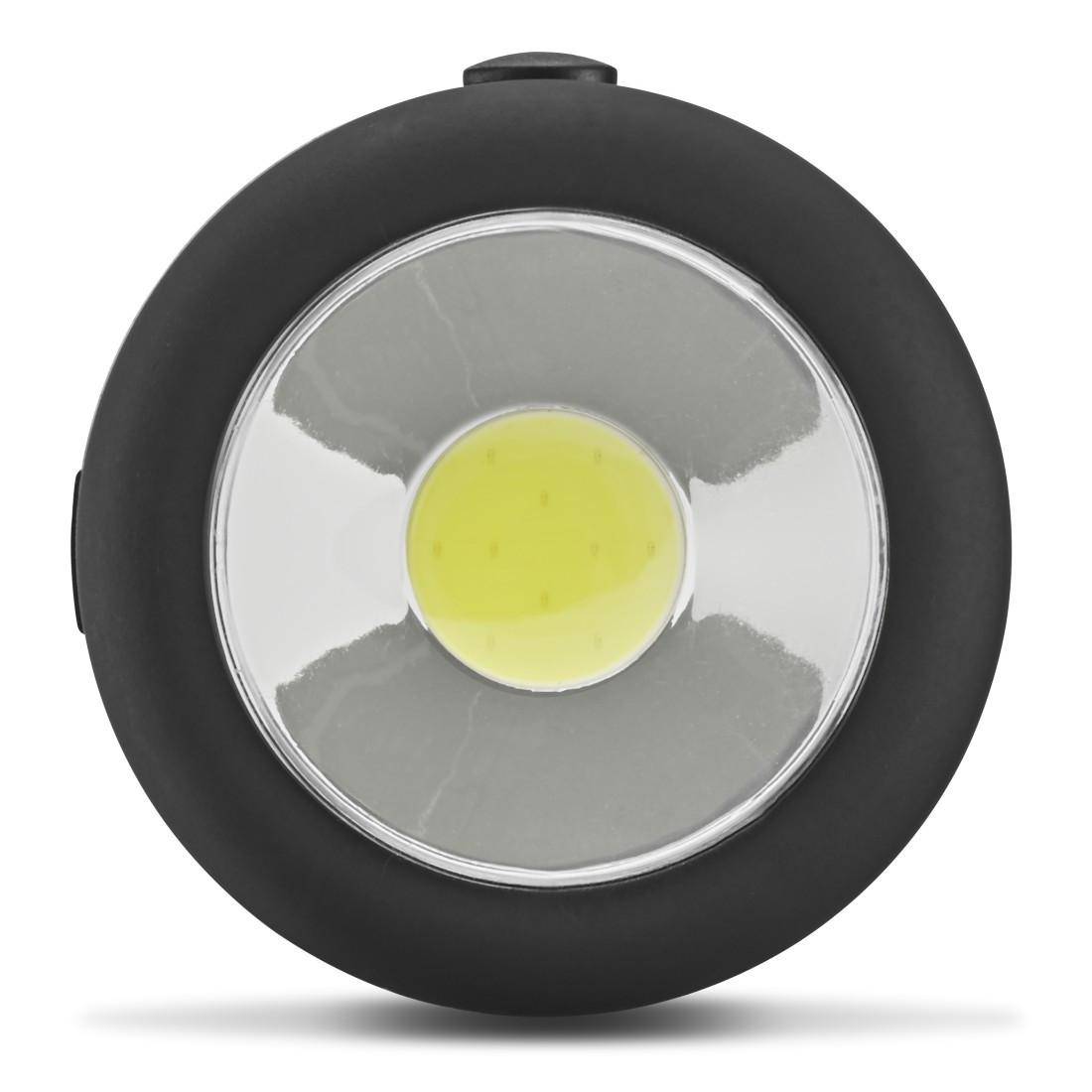 Rundisches schwarzes LED-Licht mit einem zentralen gelben Emitter, frontal vor weißem Hintergrund dargestellt.