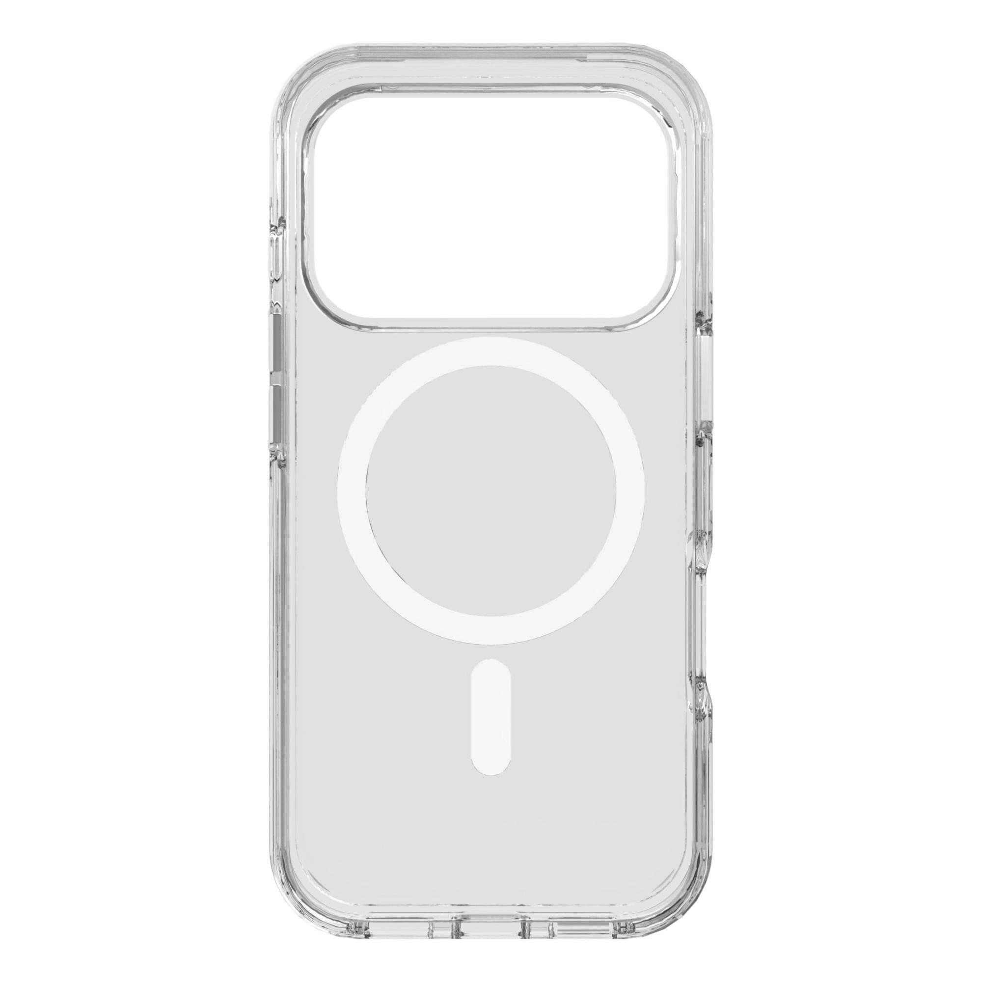 Durchsichtige Smartphone-Hülle mit MagSafe-ähnlichem kreisförmigem Ausrichtungsring und rechteckigem Kameraausschnitt auf weißem Hintergrund