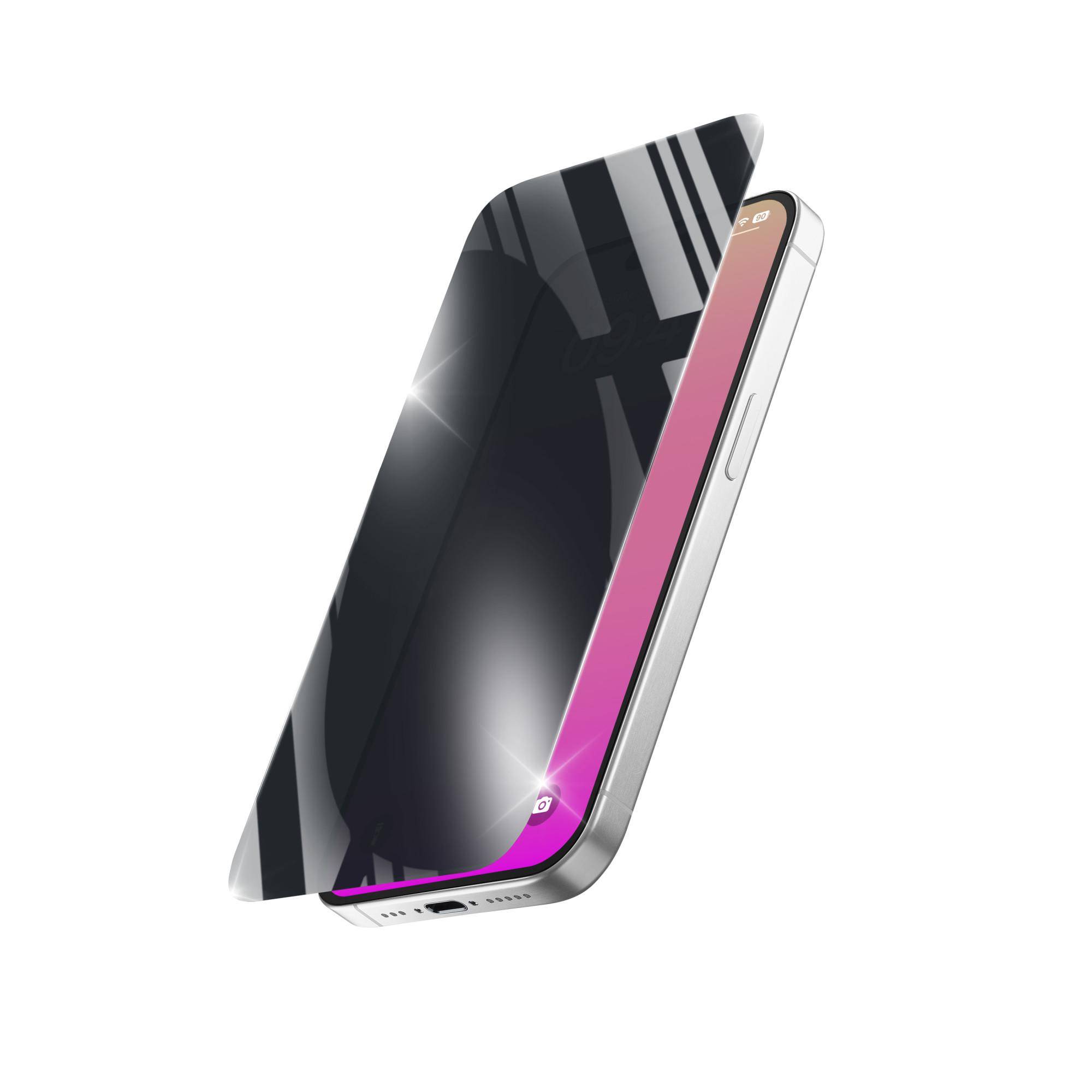 Smartphone mit einer glänzend schwarzen Displayschutzfolie, die teilweise zurückgezogen ist und die rosa Displaykante und den silbernen Rahmen des Telefons zeigt.
