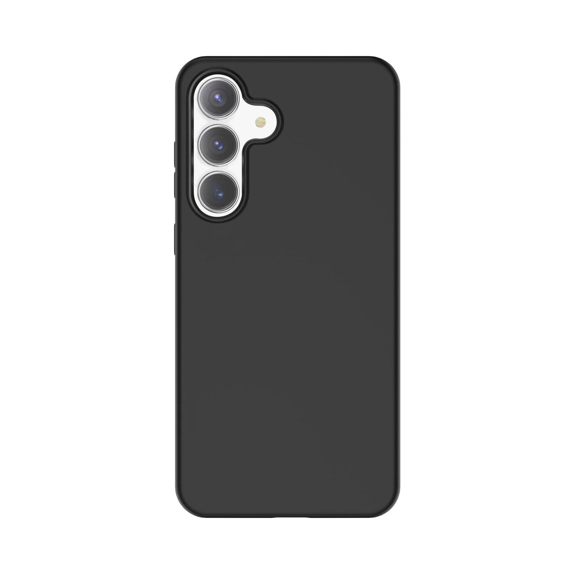 Schwarze Smartphone-Hülle mit großem Kameraausschnitt auf der Rückseite für drei Objektive und Blitz, auf einem einfachen weißen Hintergrund gezeigt.