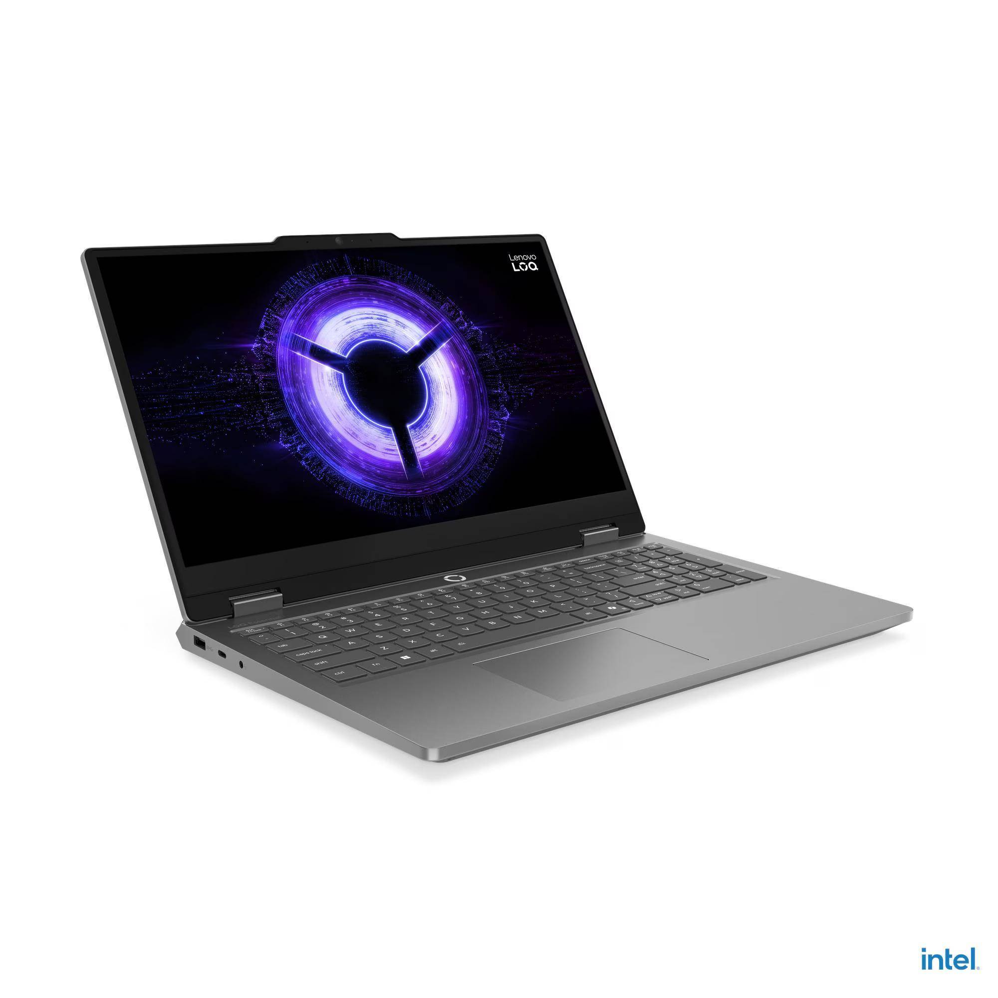 Grauer Lenovo-Laptop, aufgeklappt auf weißem Hintergrund, mit einem leuchtenden violetten Kreisdiagramm auf dem Bildschirm und Intel-Logo in der Ecke.