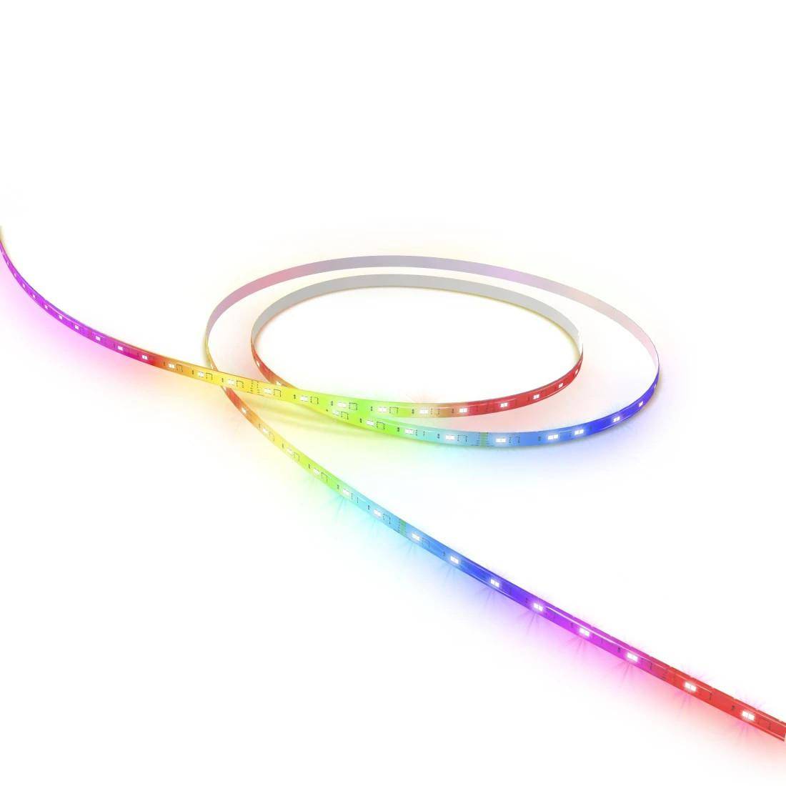 Ein aufgerollter Regenbogen-LED-Lichtstreifen auf weißem Hintergrund, mit einem leuchtenden mehrfarbigen Kabel, das sich diagonal über das Bild erstreckt.