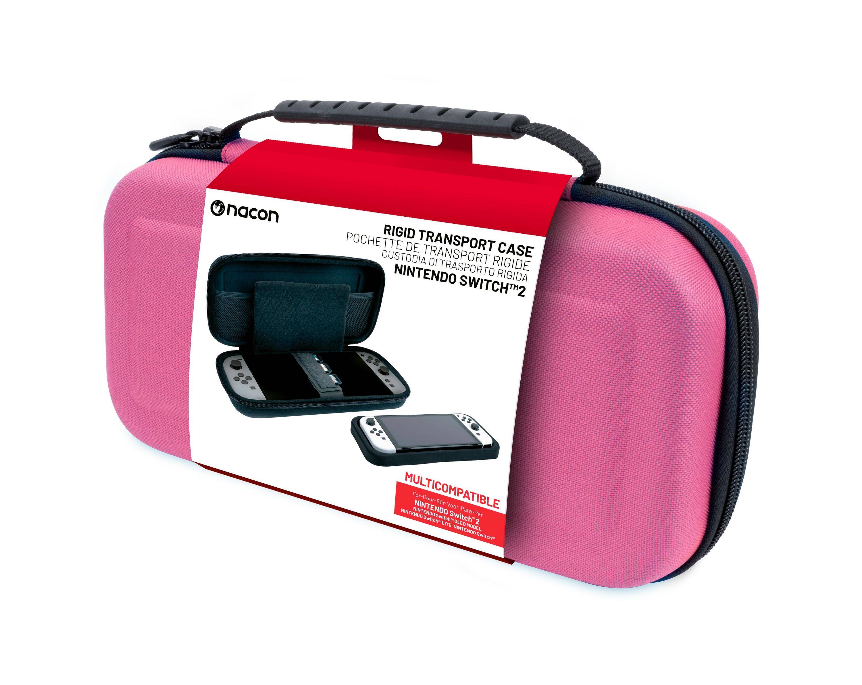 Rosa starre Reisekoffer für Nintendo Switch 2 mit Griff, gezeigt in Produktverpackung.